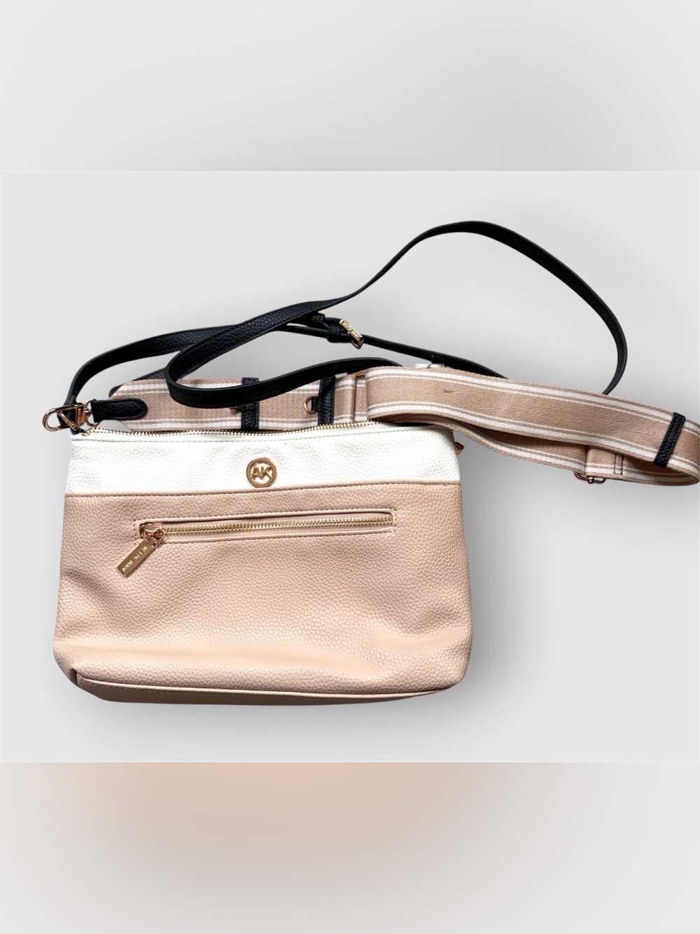 Anne Klein Pebbled Crossbody Bag Beige White Colorblock Guitar Strap